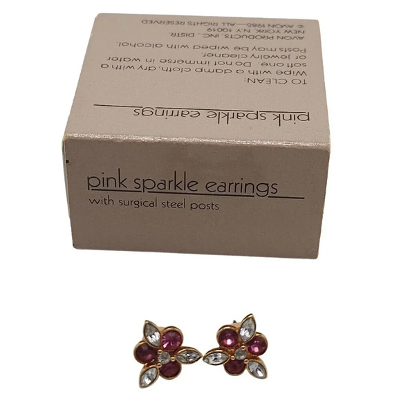 Avon 1985 Pink Sparkle Earrings Rhinestone Stud Earrings Gold Tone - Picture 1 of 4